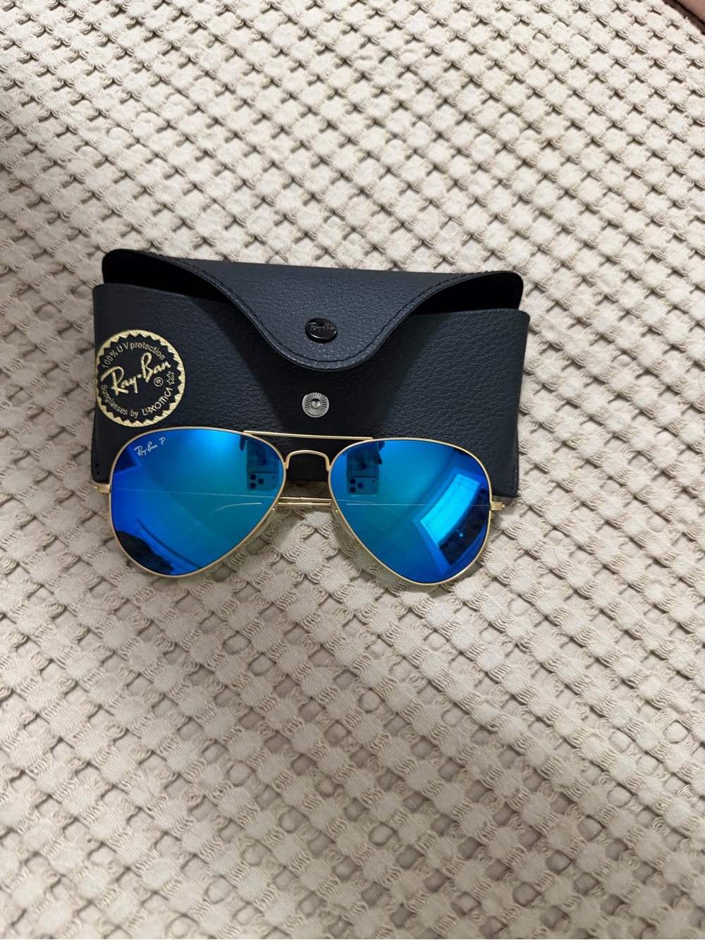 Ray-Ban Gold Frame Sunglasses with Blue Mirrored Lenses
